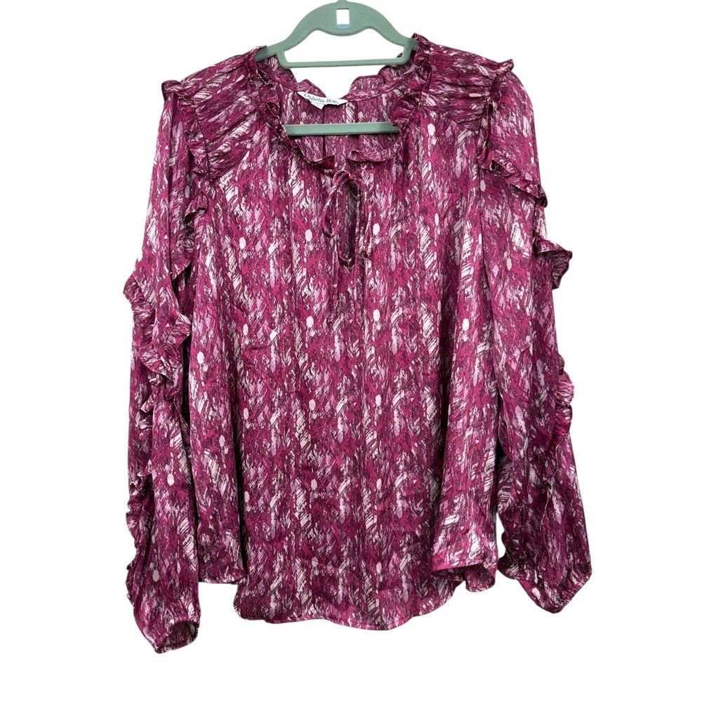 Ophelia Roe Women Blouse Keyhole Neck Ruffle Trim Long Sleeve Fusica White L *